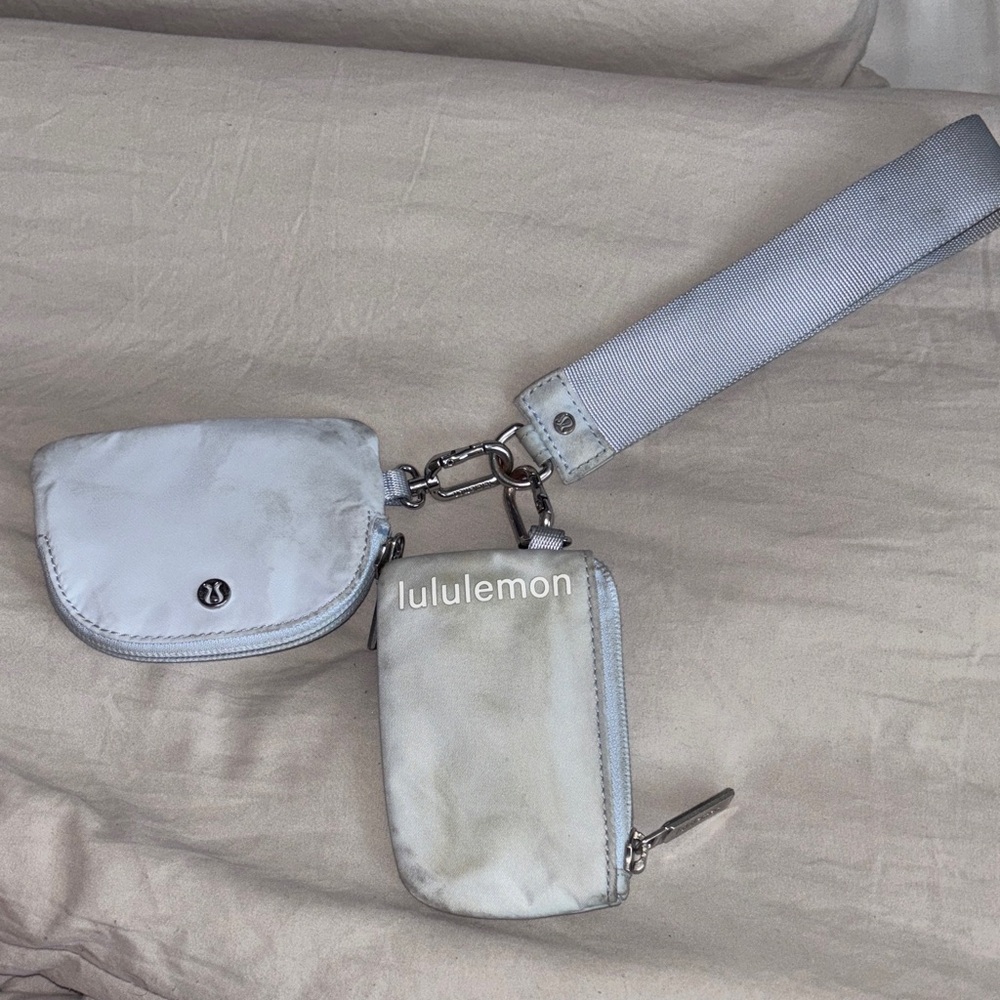 lululemon dual pouch wristlet - baby blue and silver with white lettering - used